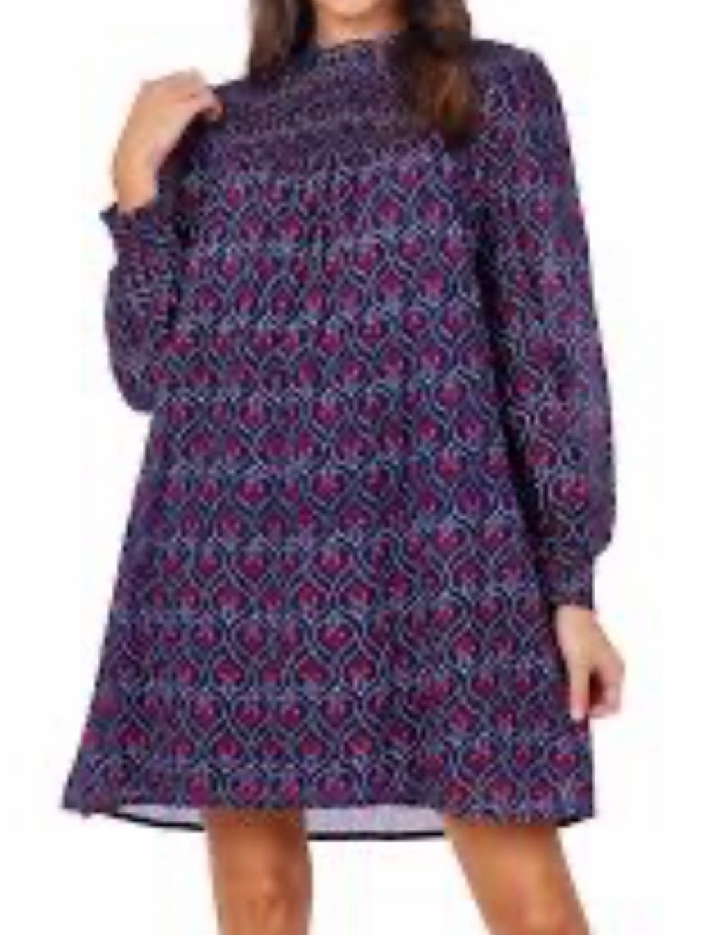 Mud Pie Navy Blue Long-Sleeve Dress with Red Floral Motif